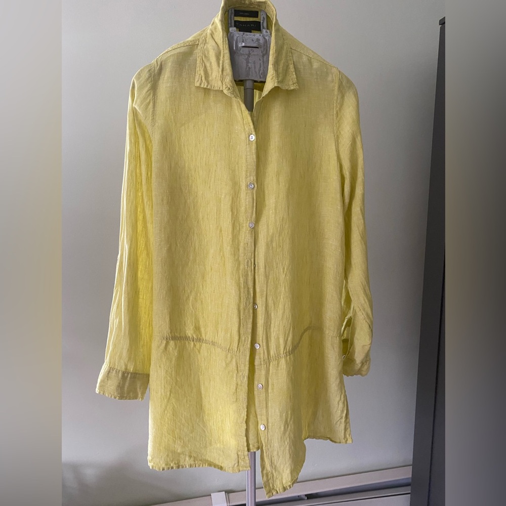 Tahari Yellow Casual Button Down Linen Tunic